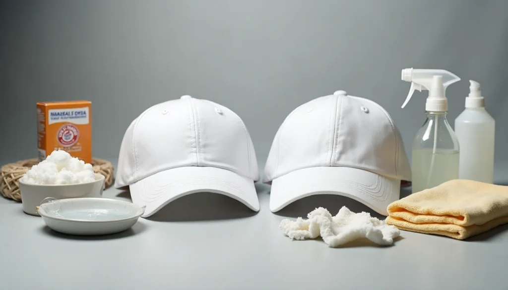 How to Remove Sweat Stains from Hats. Two white baseball caps with cleaning supplies including spray bottles, cloths, and baking soda for removing sweat stains on a gray surface.