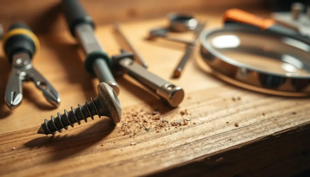 A wooden workbench with various tools, including a set of screwdrivers, pliers, and a magnifying glass. In the foreground, a close-up view of a partially unscrewed wood screw, its threads visible and the screw head slightly lifted from the surface. The lighting is warm and focused, creating shadows that emphasize the textures and details of the screw and the surrounding wood grain. The background is softly blurred, creating a sense of depth and directing the viewer's attention to the central focus of the image.