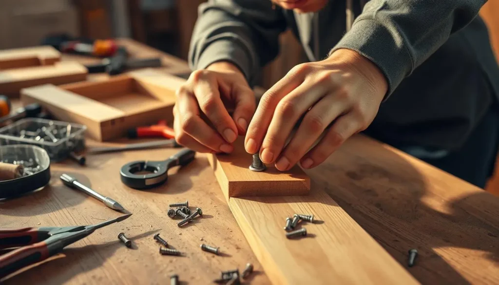 A workshop table with various woodworking tools, including a screwdriver, pliers, and a box of screws. A person's hands carefully adjusting a loose screw in a wooden board, with a focused expression on their face. Warm, natural lighting illuminates the scene, creating subtle shadows and highlights. The background is slightly blurred, emphasizing the task at hand. The overall atmosphere conveys a sense of concentration and problem-solving.