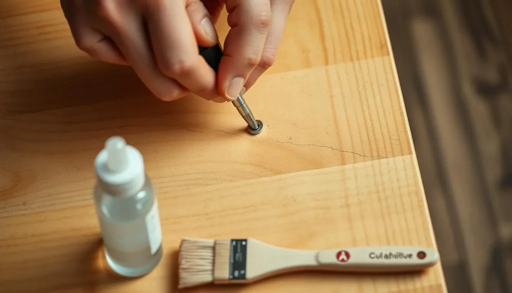 A close-up view of a person's hands using a precision screwdriver to tighten a loose screw on a piece of wooden furniture. The wooden surface is lightly distressed, with a warm, natural texture. A bottle of clear adhesive and a small paintbrush are visible in the foreground, suggesting the next step of applying adhesive to secure the screw. Soft, even lighting illuminates the scene, casting subtle shadows and highlighting the details of the materials. The composition is balanced, with the hands and tools occupying the central focus, and the surrounding wood creating a complementary background. An atmosphere of careful, methodical home repair is conveyed.