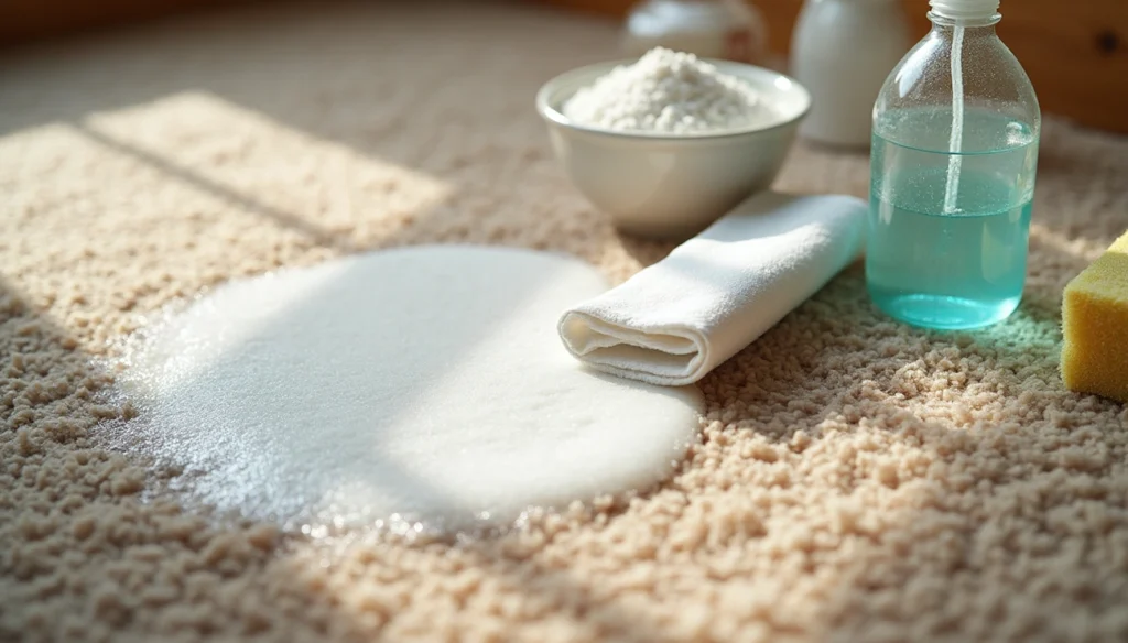 how to get shampoo out of carpet. Cleaning supplies including a towel, sponge, and cleaning solution on carpet with spilled shampoo foam.